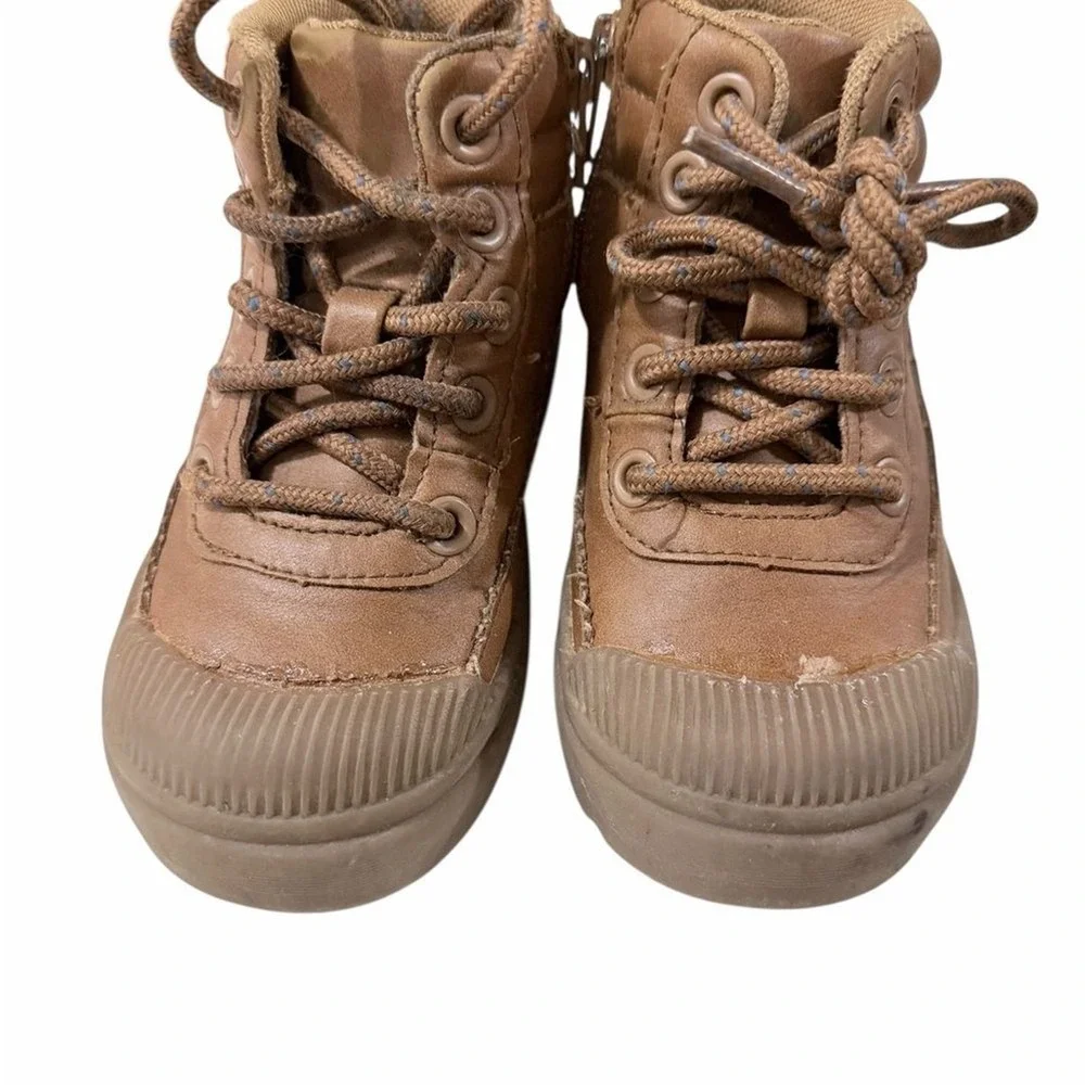 Cat & Jack‎ Boots Brown Faux Leather Lace Up Side Zip Toddler Kids Sz 7